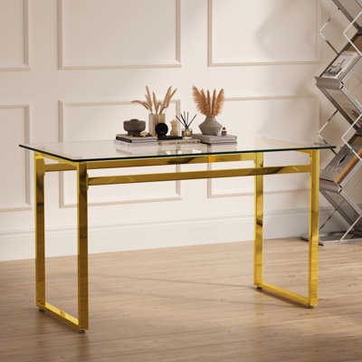 Table de salle à manger rectangulaire de 51 po pour 4 à 6 personnes, verre trempé avec pieds dorés électrolytiques, bureau de cuisine moderne de style chic, fonction élégante de 8 mm