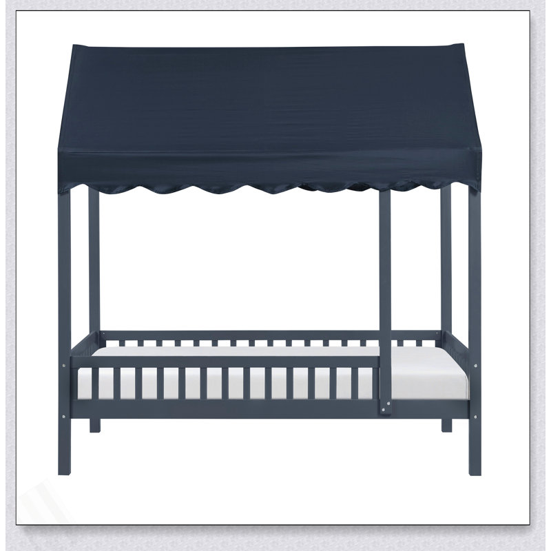 Finition bleu marine lit plateforme simple lit à baldaquin en tissu, ensemble de meubles de chambre à coucher en bois moderne 1pc