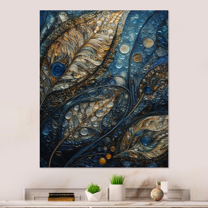 Mélodie bleue et dorée de Boho III sur impression métallique, H 32 po x l 24 po x P 1 po