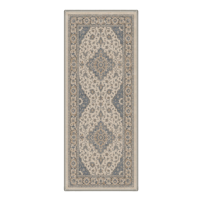 Tapis de couloir oriental traditionnel ivoire/bleu performant à poils courts, lavable et antidérapant