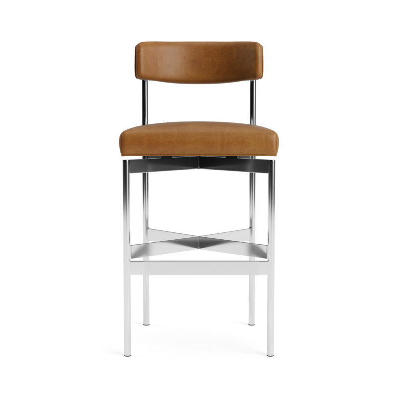 Remy Leather Bar Stool, Polished Stainless Steel, Bedford - Saddle, Bar Stool (31” Seat Height)