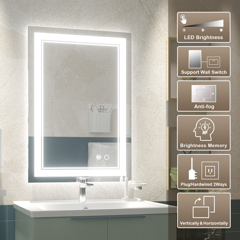 Rectangular Frameless LED Bathroom Mirror with Anti-Fog and Dimmable Lights