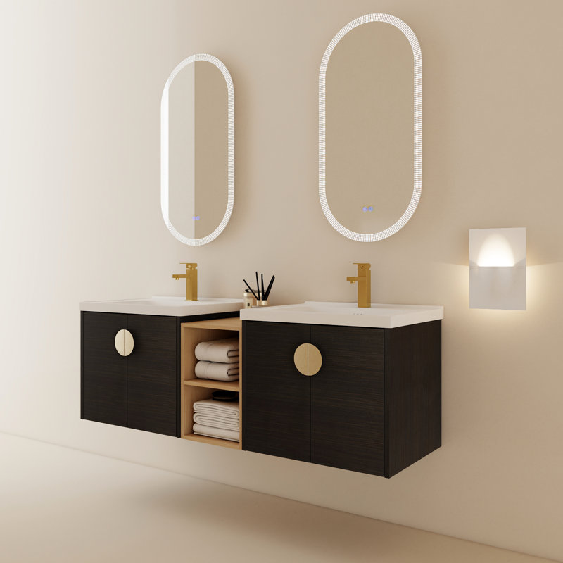 Armoire de salle de bain 60 po avec lavabo et armoire - installation murale 60 po, finition châtaignier noir - aspect moderne