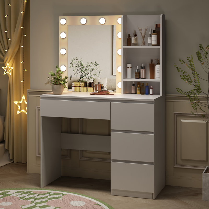 37" Vanity Table with Lighted Mirror, White
