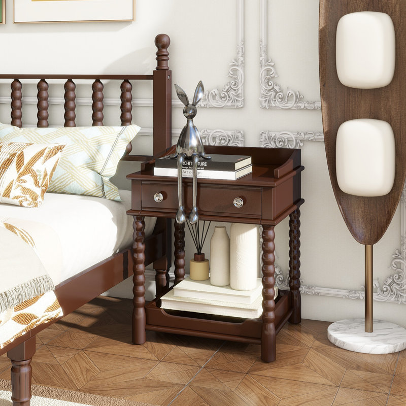 Retro Style Nightstand With Drawer And Open Shelf For Bedroom, Bedside Table With Turned Legs And Metal Handle,, Walnut