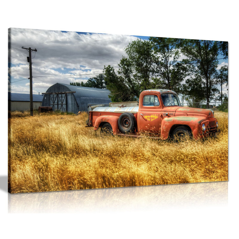 Car In Red Trees And Dry Grasses In Field - Wrapped Canvas Print, 41cm H x 61cm W