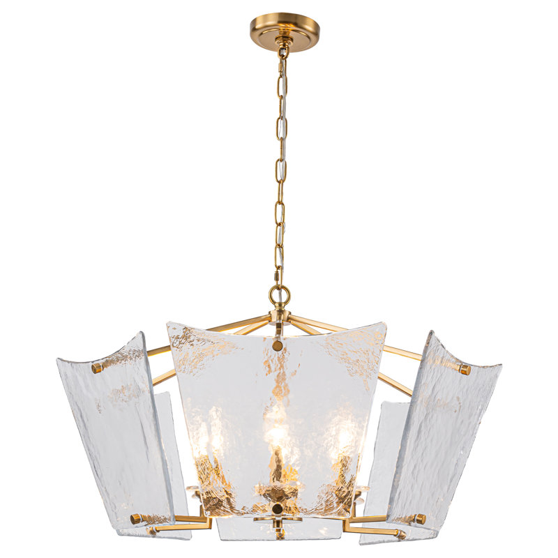 Lustre géométrique moderne en laiton avec verre texturé fabriqué à la main, 6 lumières réglables pour la salle à manger, compatible avec un plafond incliné, d'une hauteur de 18,9 po à 97,6 po