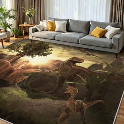 Green Machine Washable,Scene of Giant Dinosaur Park Forest Landscape Animal Art Indoor Area Rug