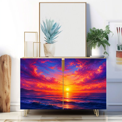 Buffet étroit de 35,4 po de largeur - armoire de rangement d'appoint à 2 portes avec impression de ciel coloré Sunset Ocean Waves et pieds en métal