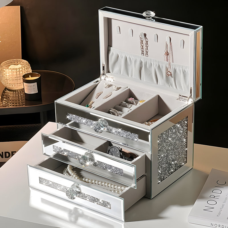 Boîte à bijoux de luxe avec plateau en verre - Organisateur spacieux pour boucles d'oreilles, colliers, bracelets et bagues - Étui de rangement élégant avec doublure en velours de qualité supérieure