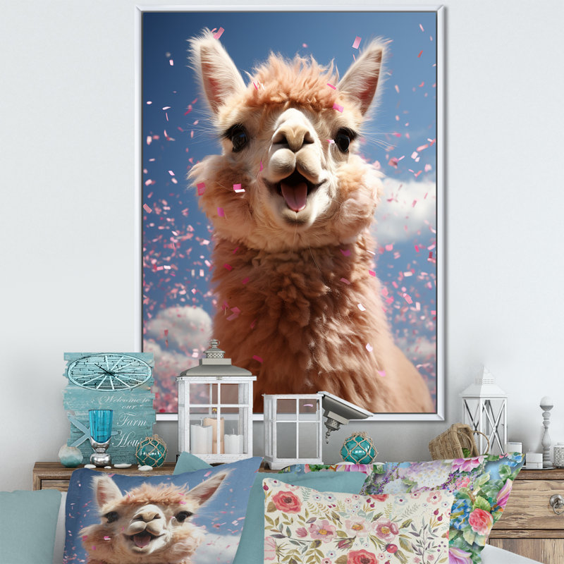 Alpaca Smile Portrait - Art mural alpaga, Cadre flottant blanc, H 40 po x l 30 po
