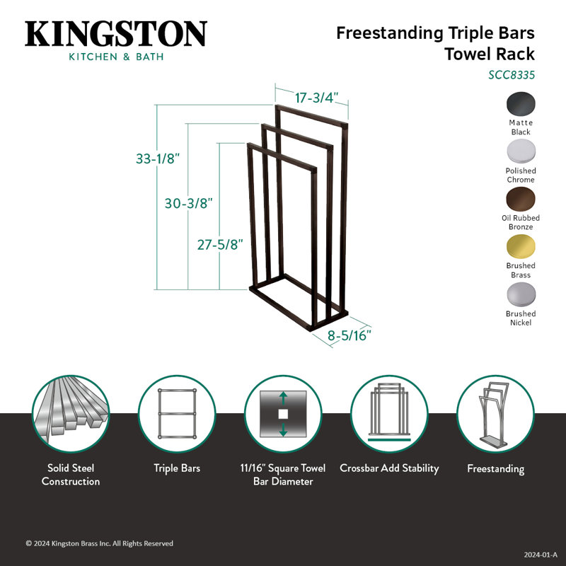 Kingston Brass Edenscape Freestanding 3-Tier Towel Rack, Brushed Brass