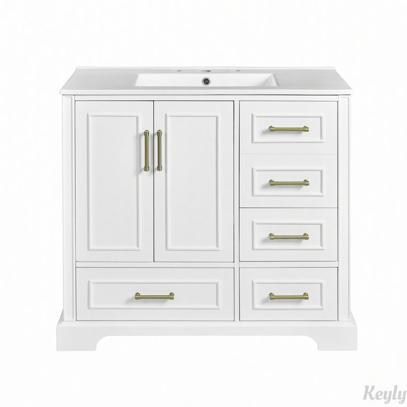 Meuble-lavabo 36 po avec lavabo en céramique et quatre tiroirs 36 po, Blanc