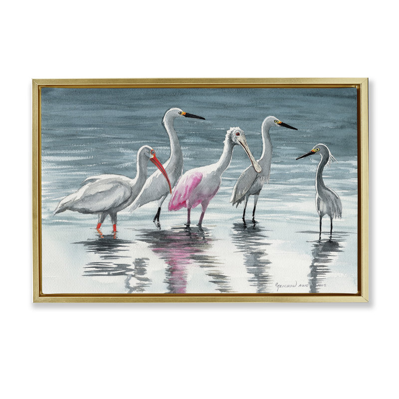 «Herons Stepping in Shore» par Christine Reichow, Cadre flottant métallique doré, H 17 po x l 25 po