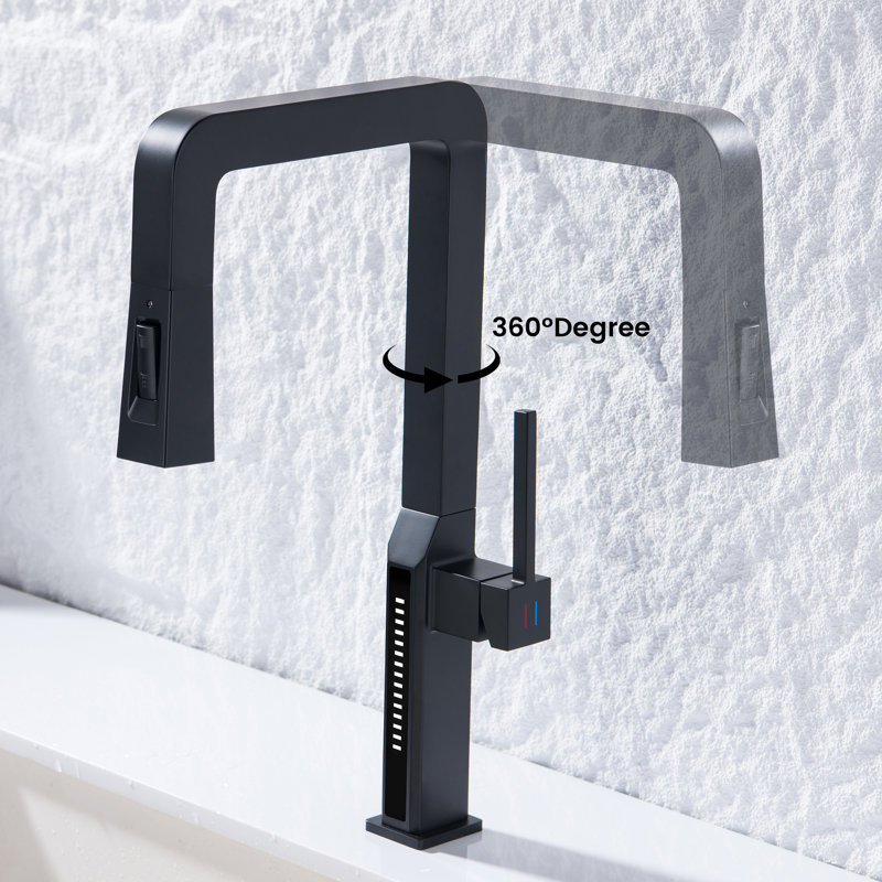 Modern Matte Black Single Handle Kitchen Faucet with Pull Out Sprayer and LED Temperature Display, Matte Black