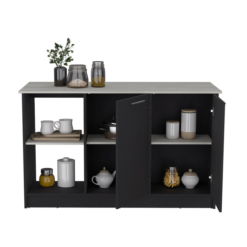Juniper Kitchen Island with Large Top Surface, Double Door Cabinet, and Open Shelves Black / Ibiza Marble, White