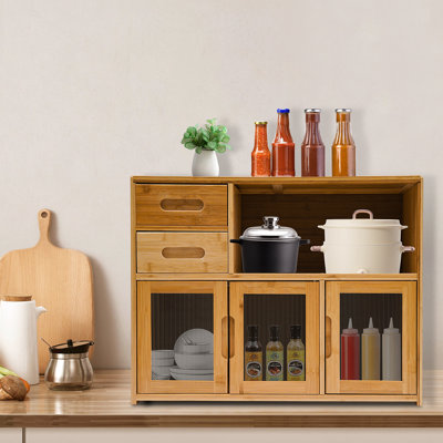 Buffet de cuisine en bambou, garde-manger à 2 tiroirs avec portes transparentes