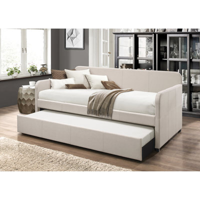 Lit de jour simple et couchette modulable - Revêtement en tissu, hauteur de 37 po, poids de 123 lb, brouillard de matelas préféré de 8 po avec largeur modulable, largeur de 40 po