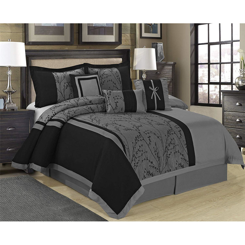 Dolmen Traditional Polyester Floral Comforter, King Comforter + 6 Additional Pieces, Gray