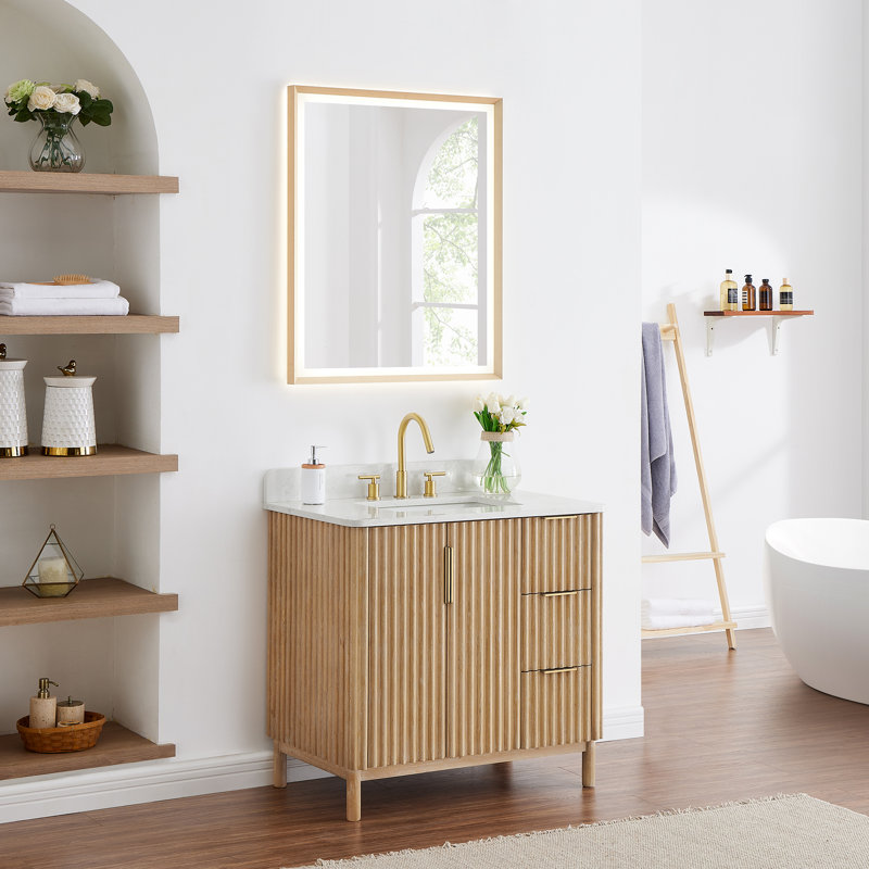 Meuble-lavabo simple Siena de 36 po avec comptoir en pierre reconstituée blanche grainée et miroir