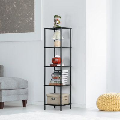 Bibliothèque à 5 niveaux avec structure en métal, étagère de rangement flottante noire