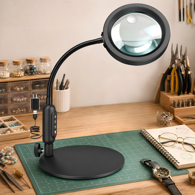 30X/10X Magnifying Desk Light with Optical-Grade HD Lens, 5 Color Modes, Stepless Dimming and Flexible Gooseneck for Painting, Crafts or Close Work