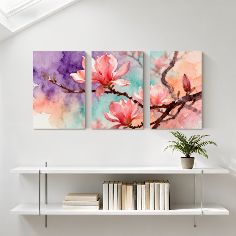 «Magnolia Watercolor Magnolia Blossoms On Branches», ensemble de 3 impressions sur toile, H 18 po x l 36 po