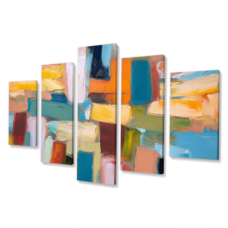 Vibrant Cubist Colourfields II - Abstract Collages Wall Art Living Room - 5 Panels