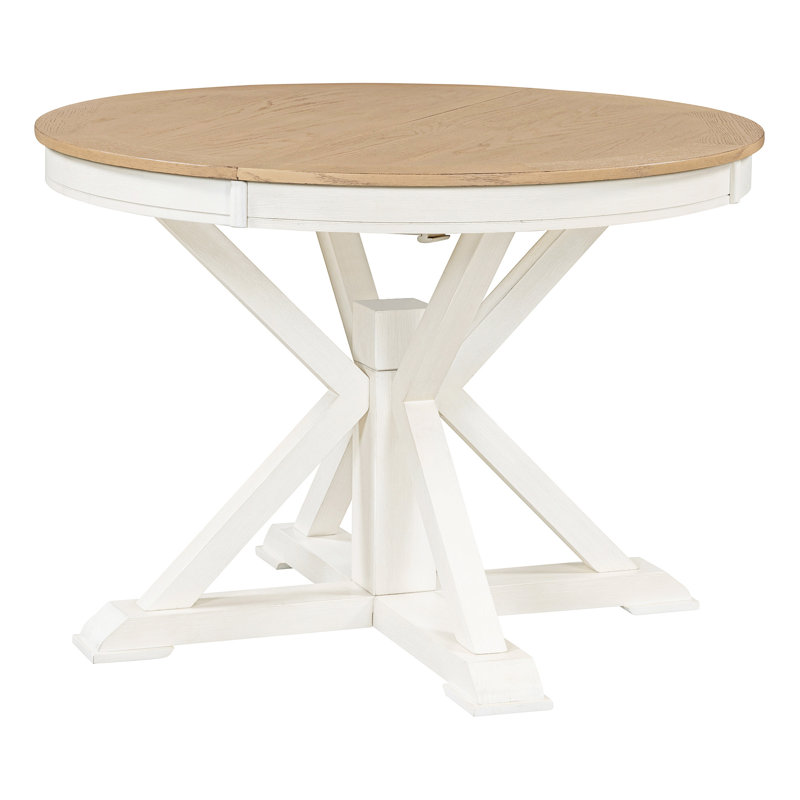 Retro Functional Extendable Dining Table With A 12" Leaf For Dining Room And Living Room, Natural Wood/Off White