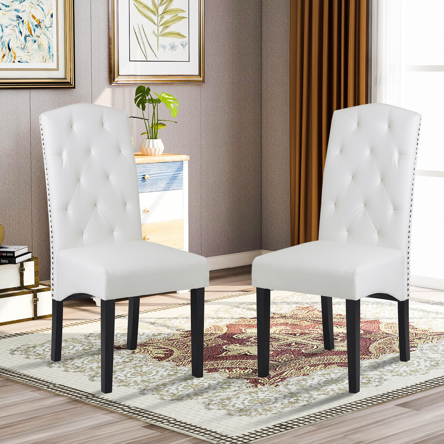 White leather outlet tufted dining chairs