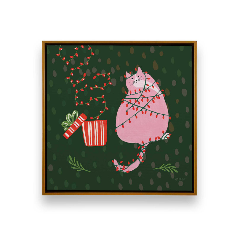 «Mischief Kitty Christmas III» par Yvette St. Amant, reproduction d'art sur toile, H 20 po x l 20 po, Cadre flottant, Doré