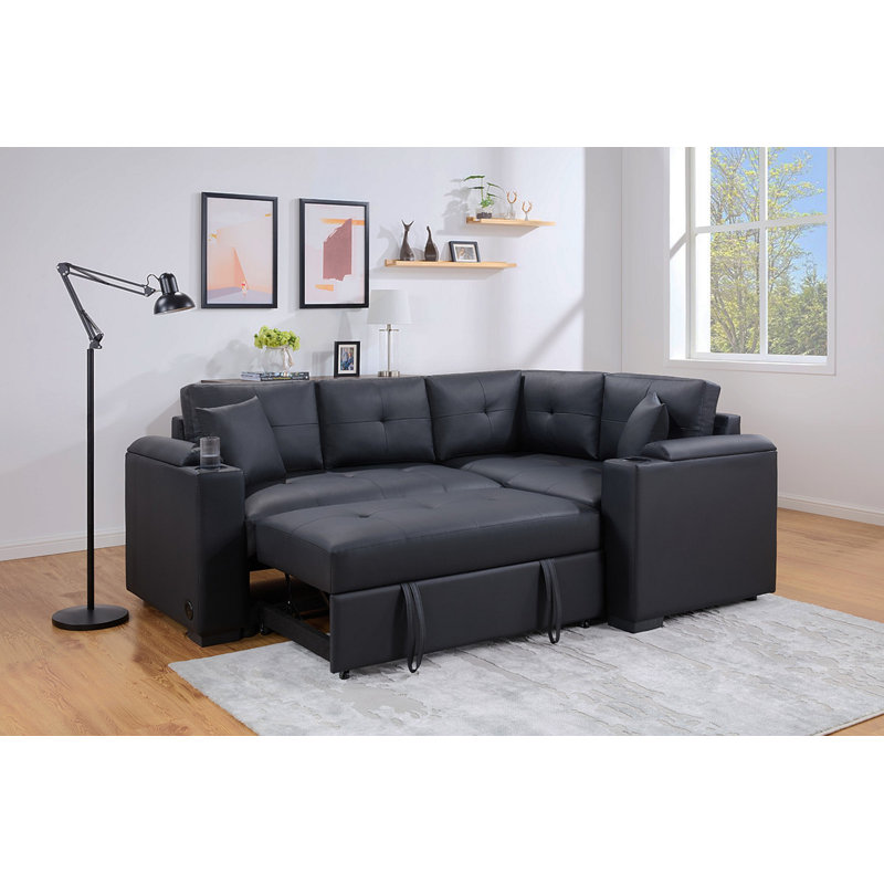 Donovan 84.5"W Black PVC Fabric Sleeper Sectional With USB Charger, Cupholders, Storage Arms