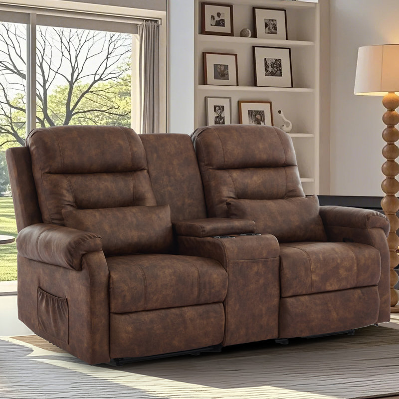 Manual Reclining Loveseat With Storage Console And Cup Holders, Vintage Brown