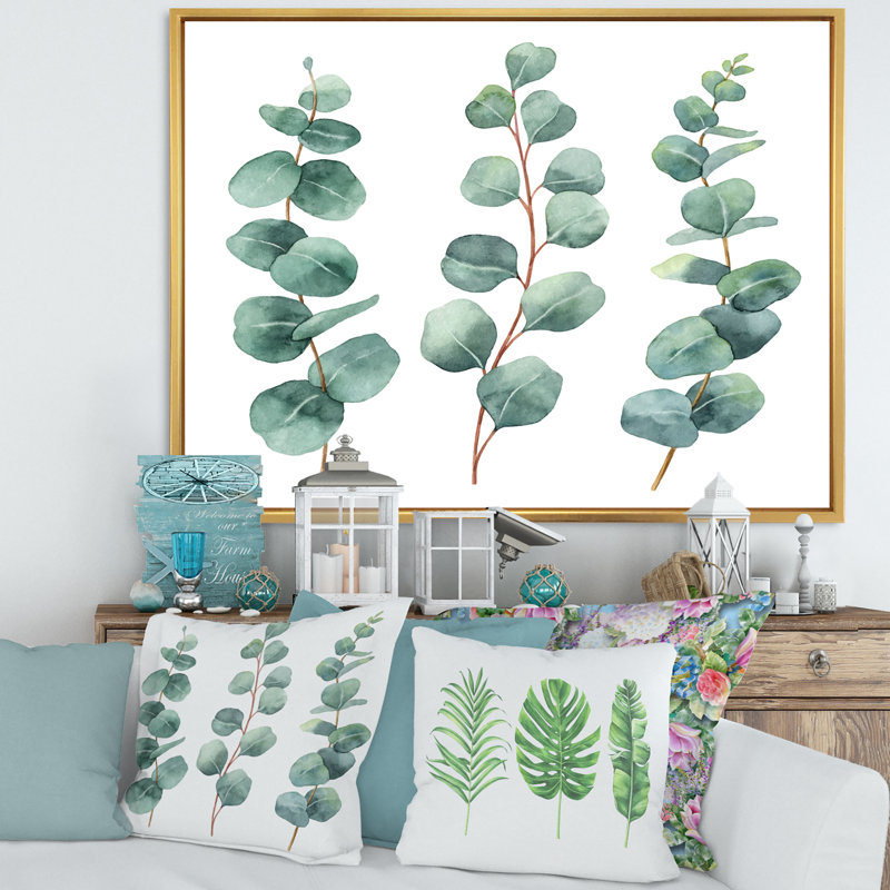 Jeunes feuilles d'eucalyptus et branches I - peinture sur toile, H 30 po x l 40 po x 1,5 po, Cadre flottant doré