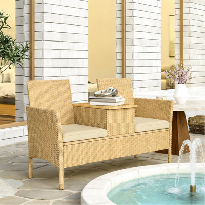 Patio With Flip Wood Table, Removable Cushion Covers, Steel Frame, Ideal For Small Gardens Outdoor Concealed Storage Soft Seat Cushions, Breathable , Easy Assembly