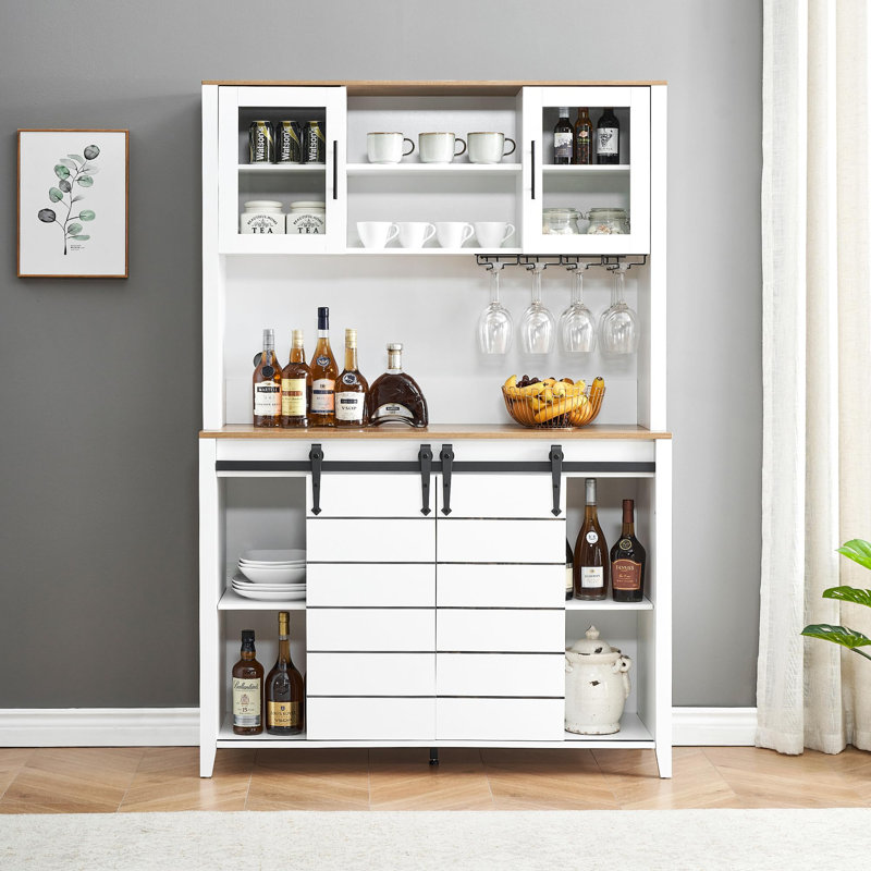 Bar à vin et à café 70 po, armoire à vin avec huche, portes de grange coulissantes, supports en verre et tablettes réglables