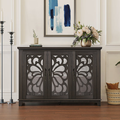 Spacious Countertop Sideboard With 3 Mirrored Doors And Adjustable Shelves