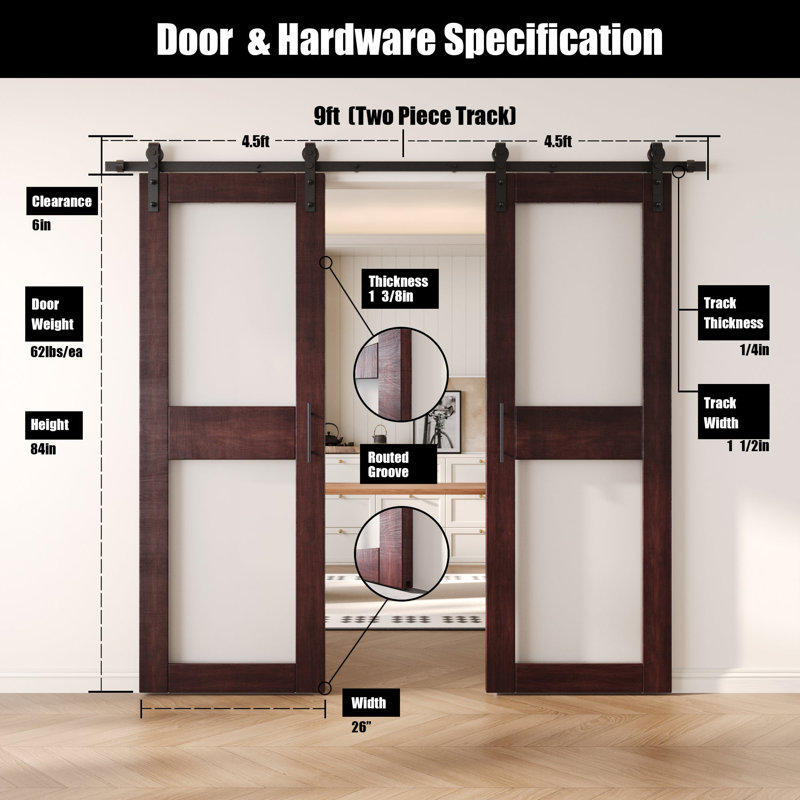 Portes de grange non assemblées et finies en verre à 2 verres de 26 po x 84 po Homacer Red Homacer, 26 po x 84 po