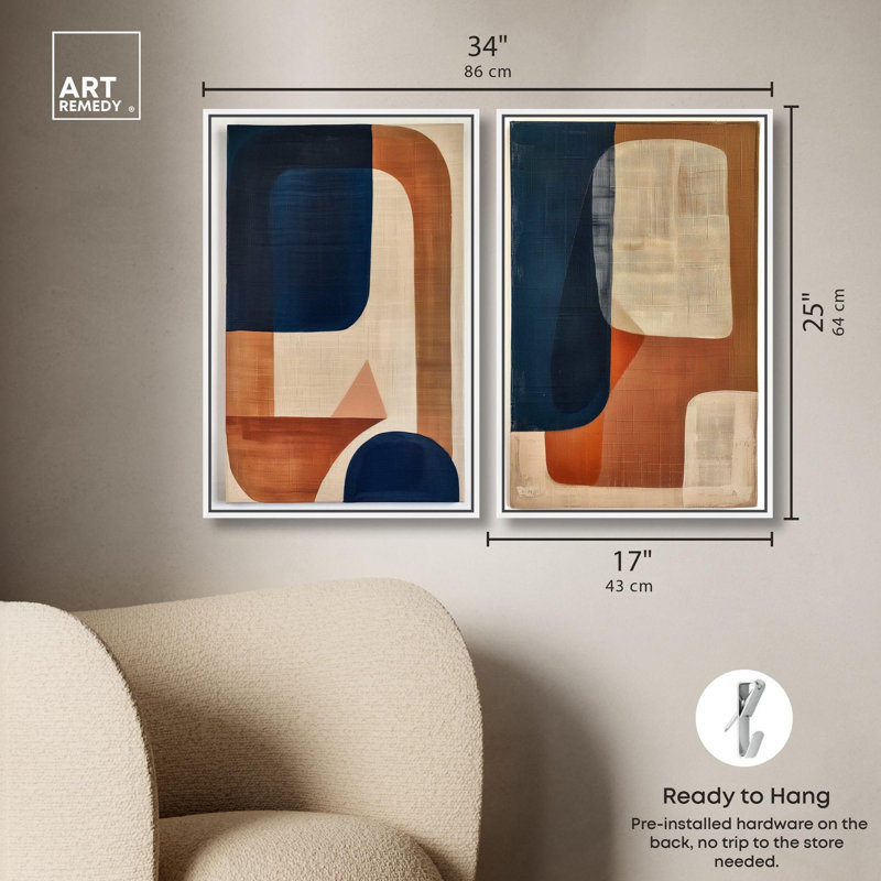 Blue Cream Set Canvas Set of 2 Boho Abstract by Art Remedy, White Floater Framed, 24" H x 16" W