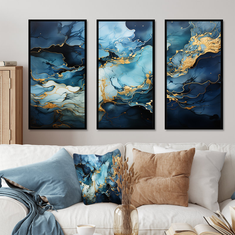 «Blue and Gold Abstract Hurricane I - Storms», ensemble d'art mural sur toile, H 28 po x l 36 po x P 1 po