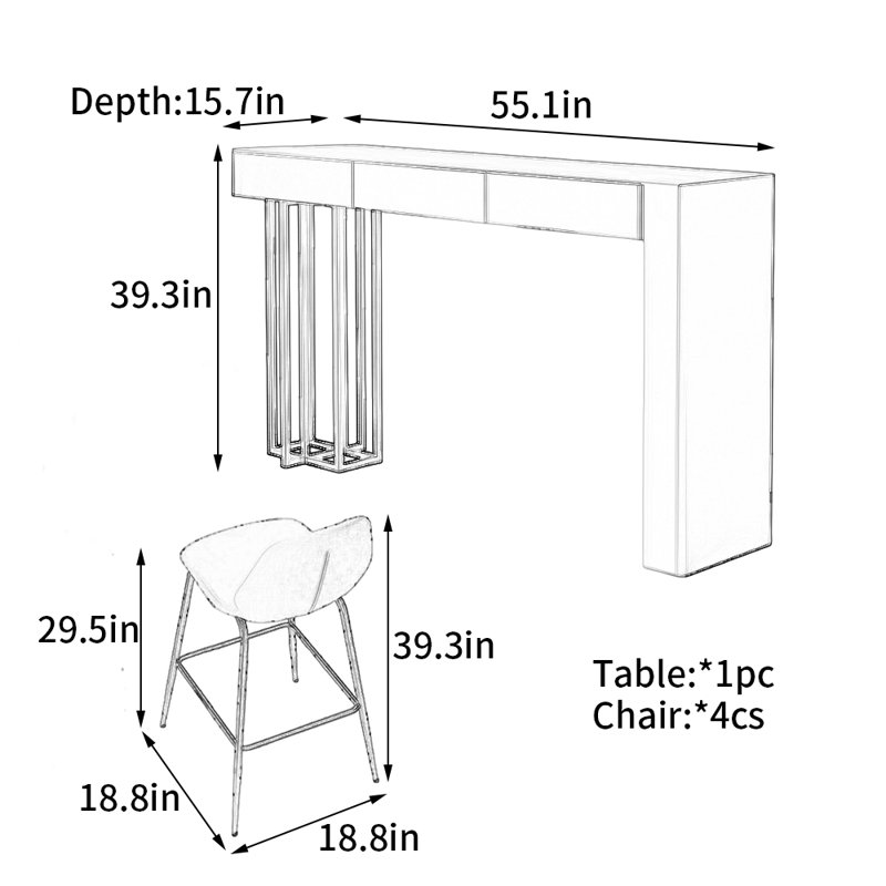 Table de bar minimaliste italienne, H 39,3 po x L 55,1 po x l 15,7 po 