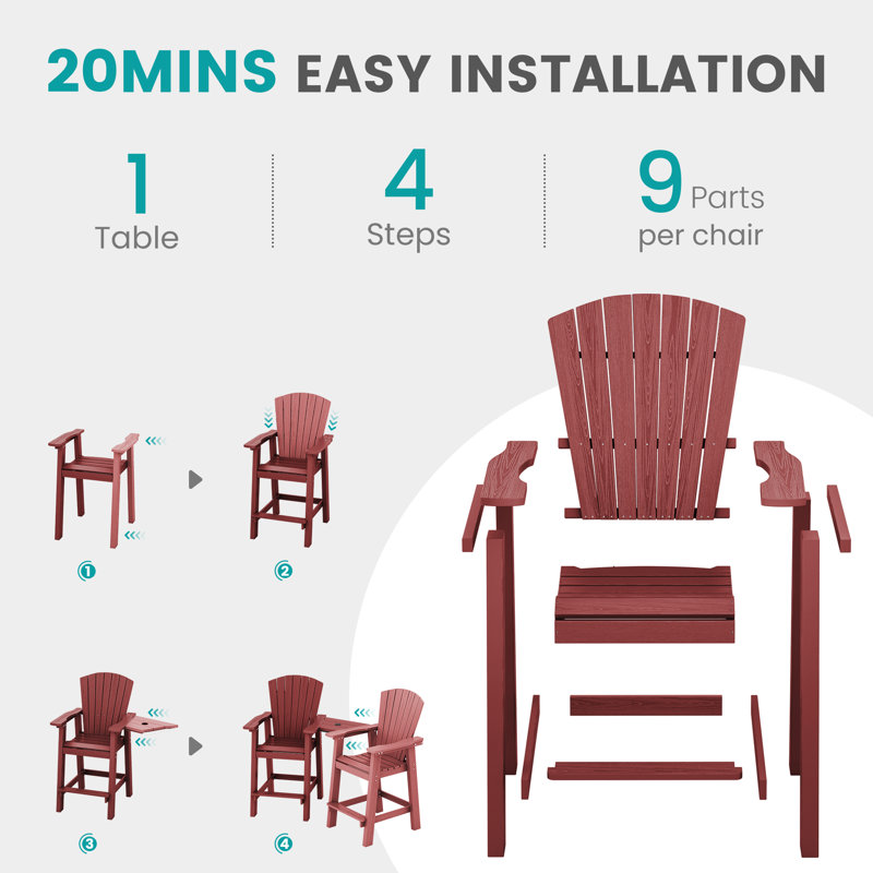 Red Tall Adirondack Chair Set with Connecting Tray