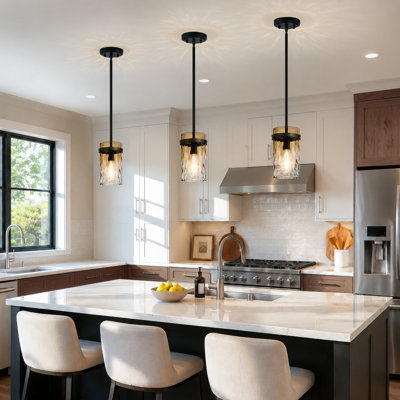 Luminaire suspendu pour îlot de cuisine 1 lumière Levona, verre d'eau ambré soufflé à la main, réglable en hauteur