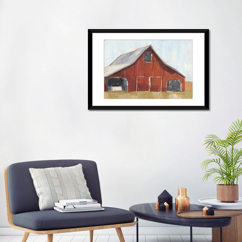 «Rustic Red Barn I», impression sur toile, H 16 po x l 24 po x P 1 po, Papier d'art encadré noir, Blanc