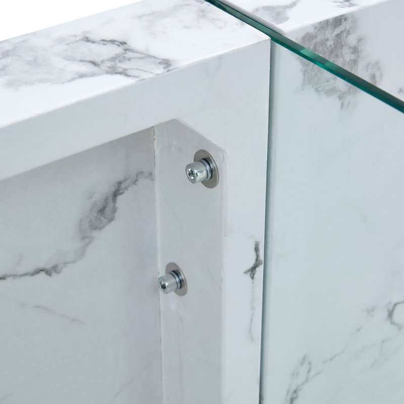 Table basse rectangulaire en bois 43,3 po avec pieds en verre trempé, Blanc, Transparent