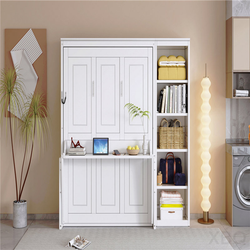 Lit escamotable double avec bureau et bibliothèque, blanc, Full / Double