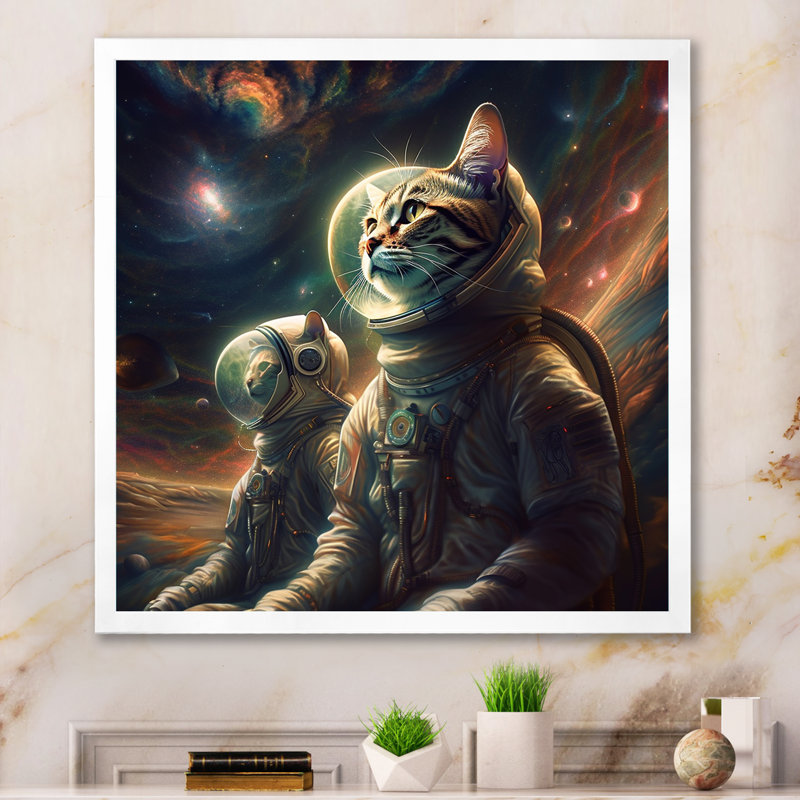 Ohara " Interstellar Space Cat ", White Single Picture Framed, 16" H x 16" W x 1" D
