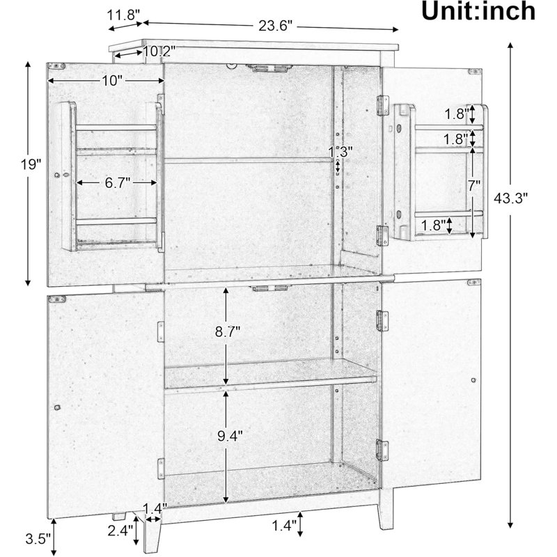 Bathroom Freestanding Storage Cabinet Black, 4 Doors With Adjustable Shelves & Anti-tipping Device, Mdf Organizer For Office & Entryway, 23.6" L X 11.8" W X 43.3" H