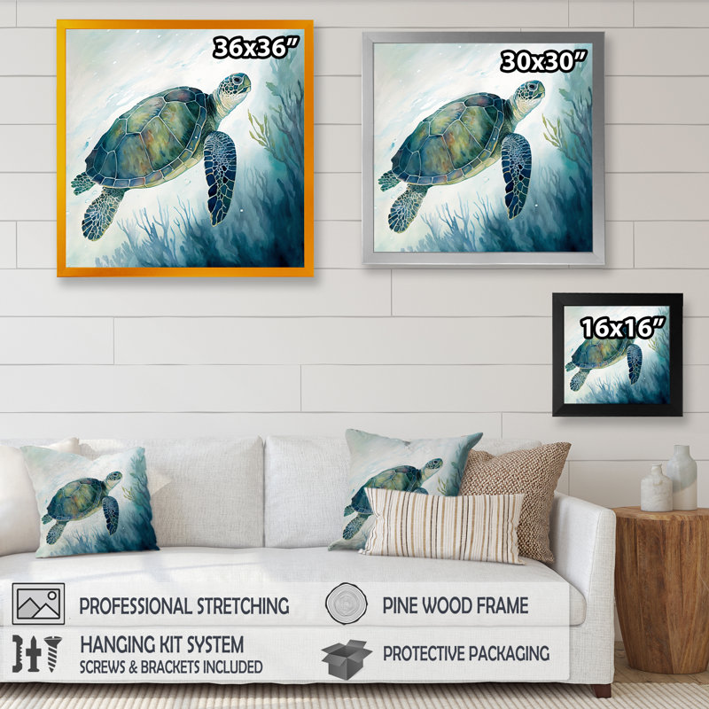 Tortue aquarelle nageant III - reproduction sur toile, Impression dorée sur toile encadrée, H 24 po x l 24 po x P 1 po
