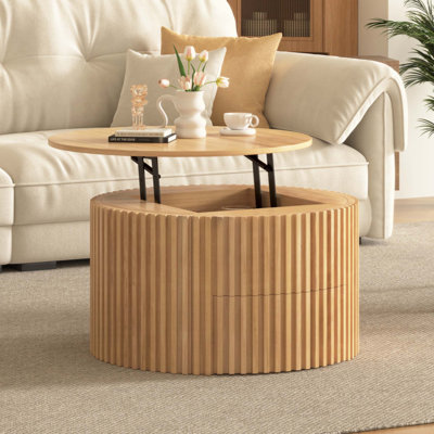 Table basse ronde à plateau relevable, table d'appoint moderne en bois cannelé avec rangement caché pour le salon